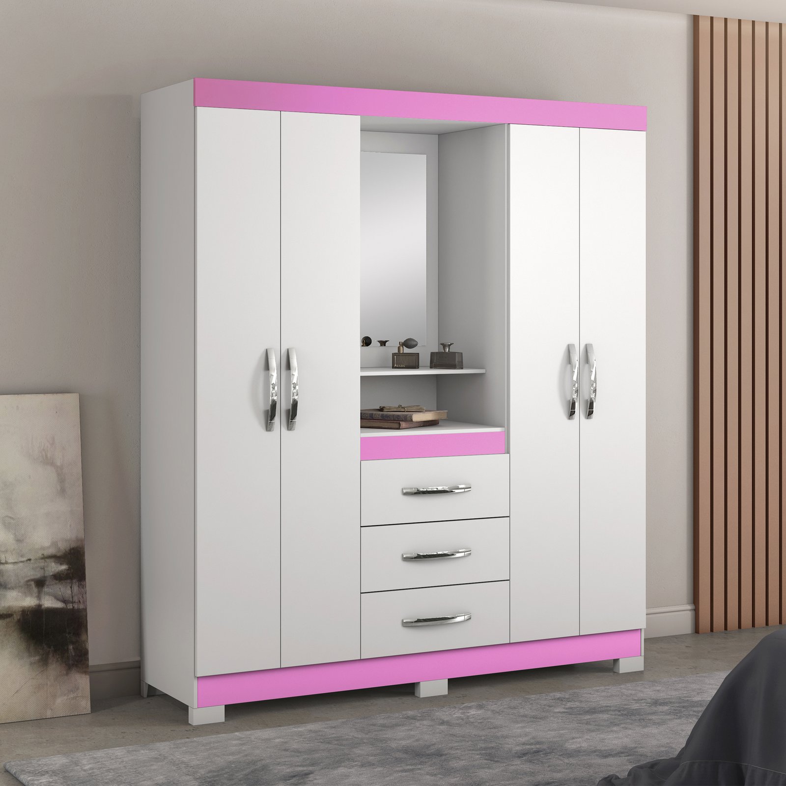 Guarda Roupa 4 Portas 5015 BRANCO/ROSA - Notável